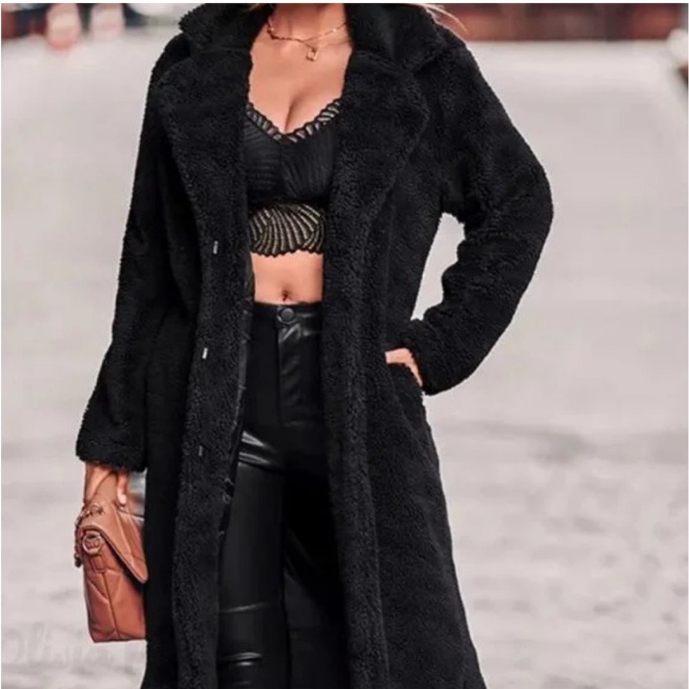 56Black Sherpa Long Faux fur lined Warm thick Over Knees Teddy Coat Jacket